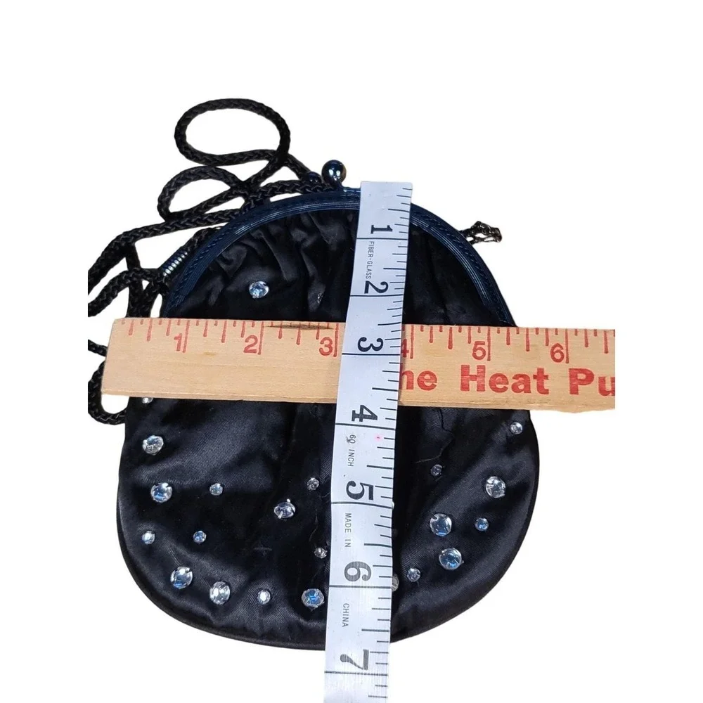 Vintage Black Satin Rhinestone‎ Clutch Bag Kiss Lock Gothic Evening Prom Purse